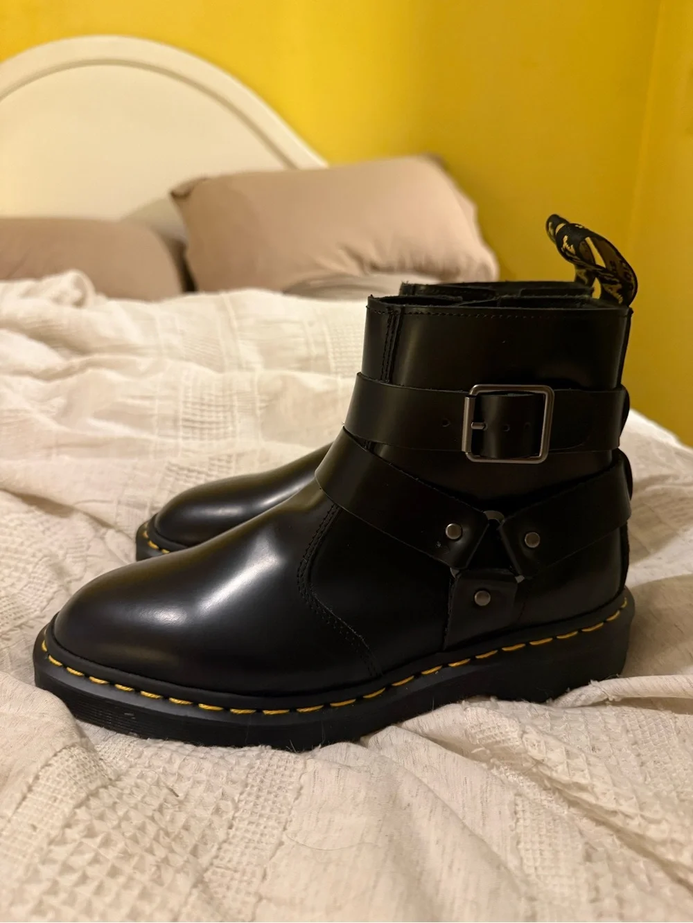Dr. Martens Black Leather Harness Boots with Yellow Welt Stitching